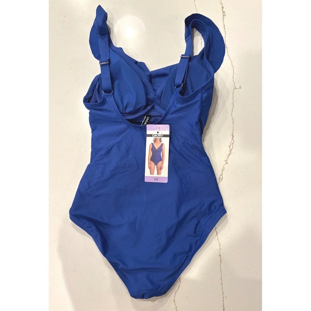 NWT SIZE XS DKNY One‎ Piece Swimsuit Women Blue Ruffle Tummy Control 1943727 - Picture 4 of 9